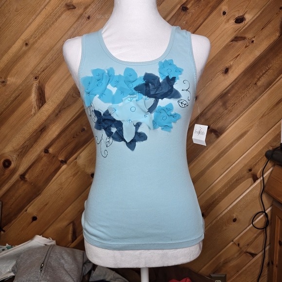 Fredericks of Hollywood NWT Floral Tank‎ Lt Blue Sz Small USA Made Y2K 00s - Picture 1 of 6